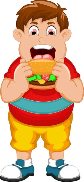 Drôle gros homme dessin animé manger hamburger — Image vectorielle