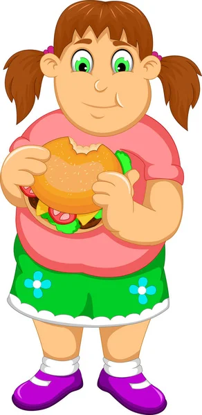 Divertida mujer gorda de dibujos animados comer hamburguesa — Vector de stock