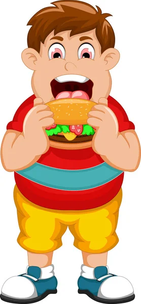 Grappige dikke man cartoon eten hamburger — Stockfoto