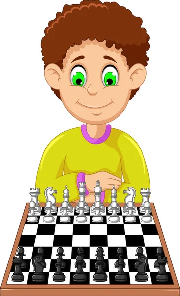 Drôle garçon dessin animé jouer aux échecs — Image vectorielle