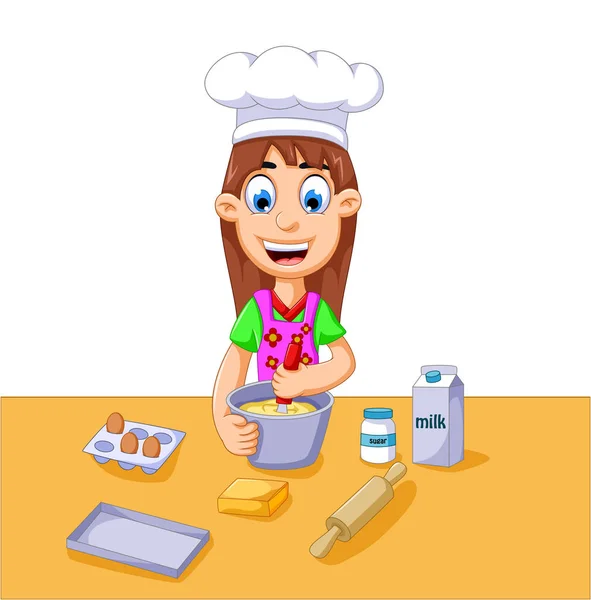 Funny cartoon girl making cake — Stock Vector