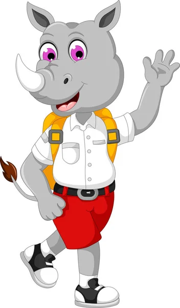 Funny male rhino cartoon going to school — Stock Photo, Image