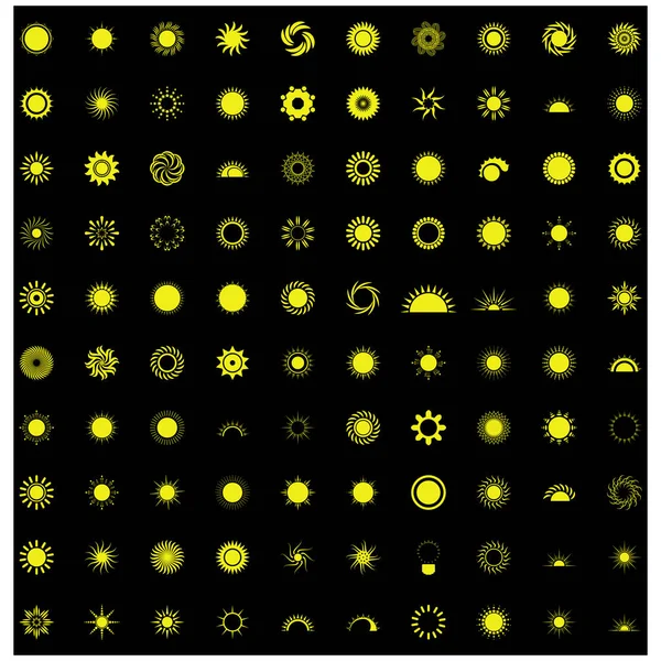 Коллекция из ста солнечных логотипов на черном фоне — стоковое фото