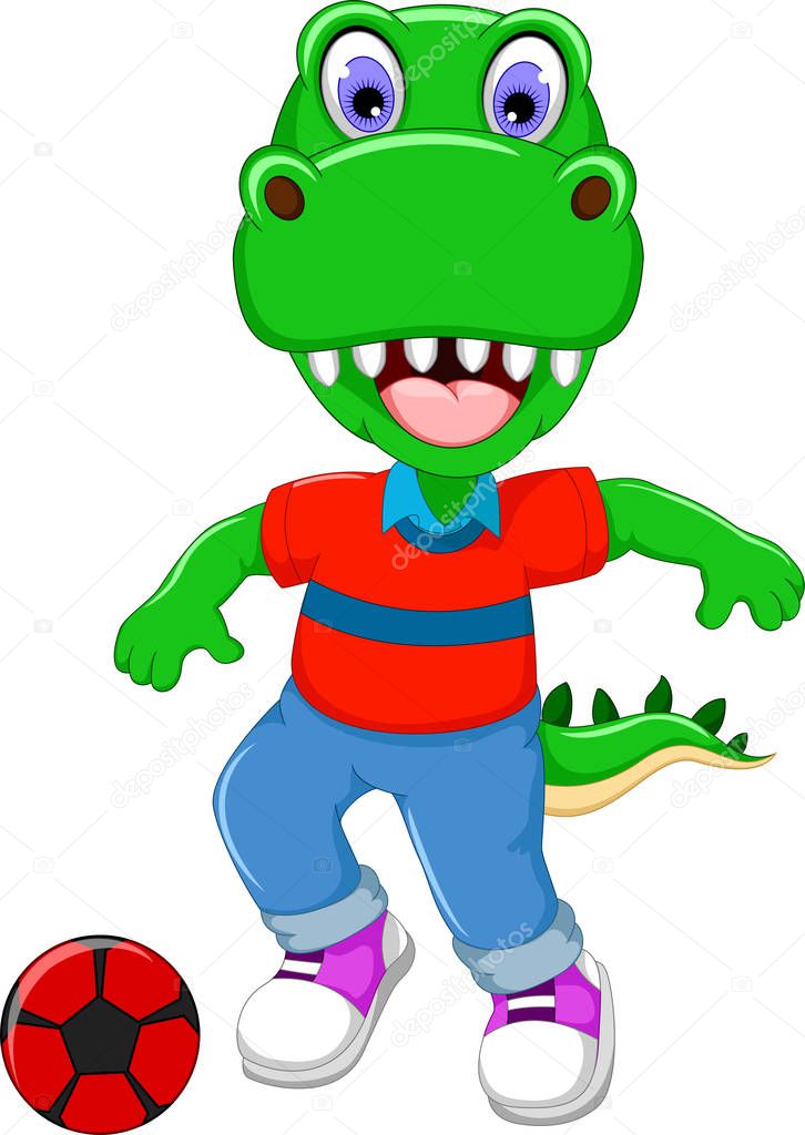 Vector illustration of funny dinosaur cartoon playing football