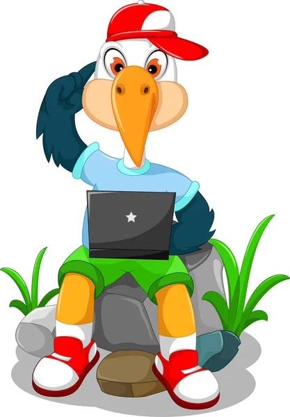 Mignon cigogne dessin animé jouer ordinateur — Image vectorielle