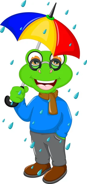 Niedlicher Frosch-Cartoon mit Regenschirm bei starkem Regen — Stockfoto