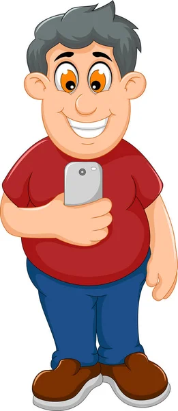 Funny fat man cartoon playing mobile phone — Stock Vector