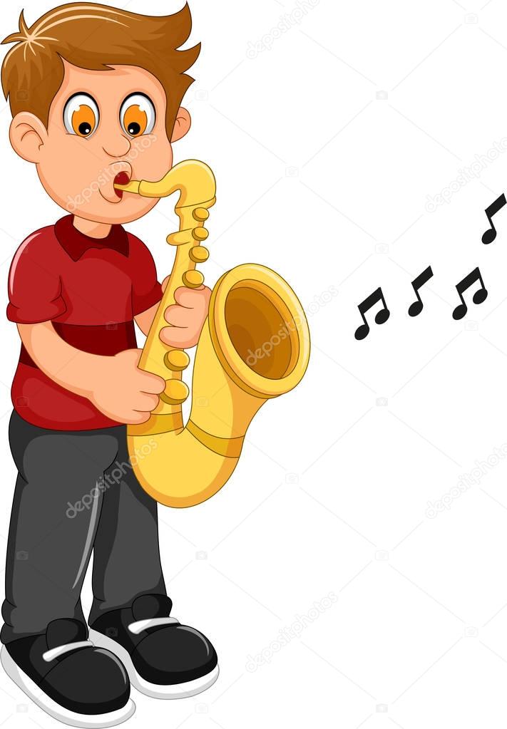 funny boy cartoon playing trumpet