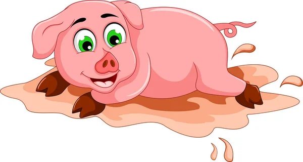 Смешной свиной мультфильм, играющий в луже грязи — стоковое фото