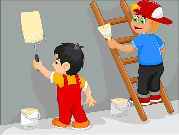 Rolig två liten pojke tecknad måla väggen — Stock vektor