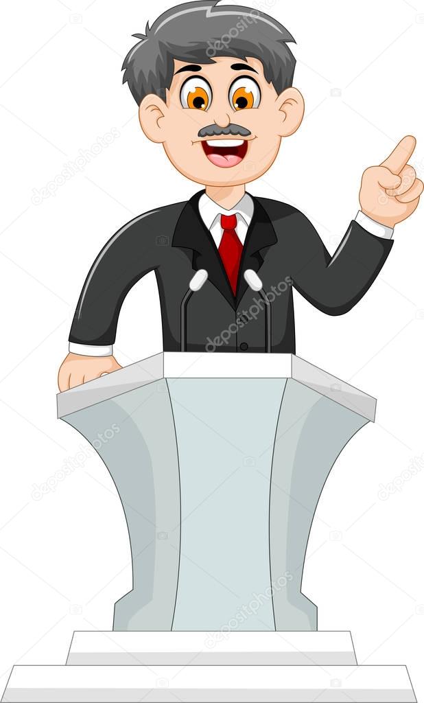 cute cartoon politician speaking behind the podium