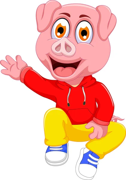 Bonito porco desenho animado acenando — Vetor de Stock