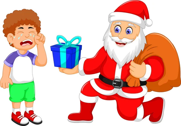 Funny Santa Claus cartoon giving a gifts to little boy crying — Stock Vector