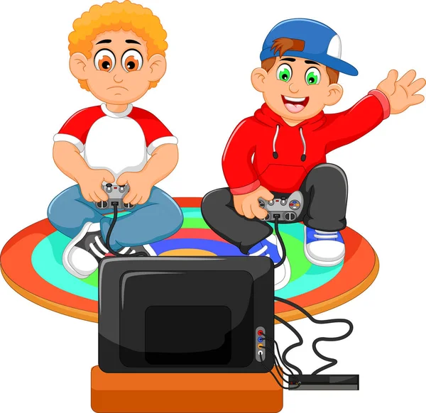 Engraçado dois meninos jogar playstation — Vetor de Stock
