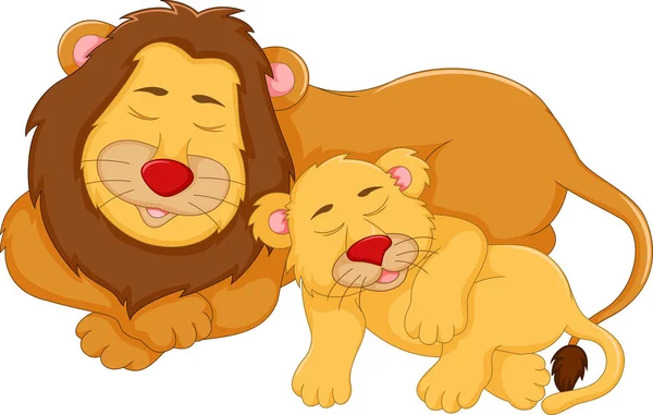 cute lion cartoon sleeping with her baby