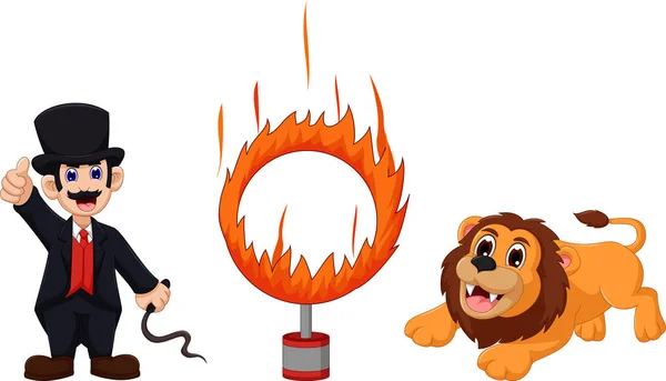 Attractions de lion dessin animé sauter dans un anneau de feu — Image vectorielle