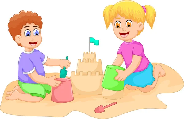 Lustige kleine Jungen und Mädchen Karikatur spielen Sand — Stockvektor