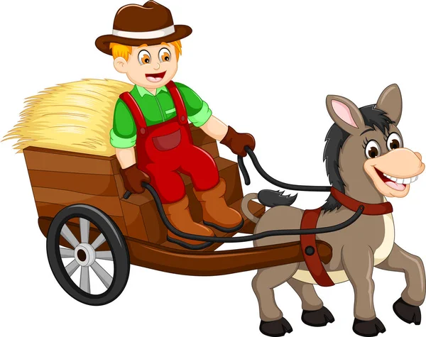 Funny farmer cartoon carrying grass with horse drawn carriage — Stock Vector