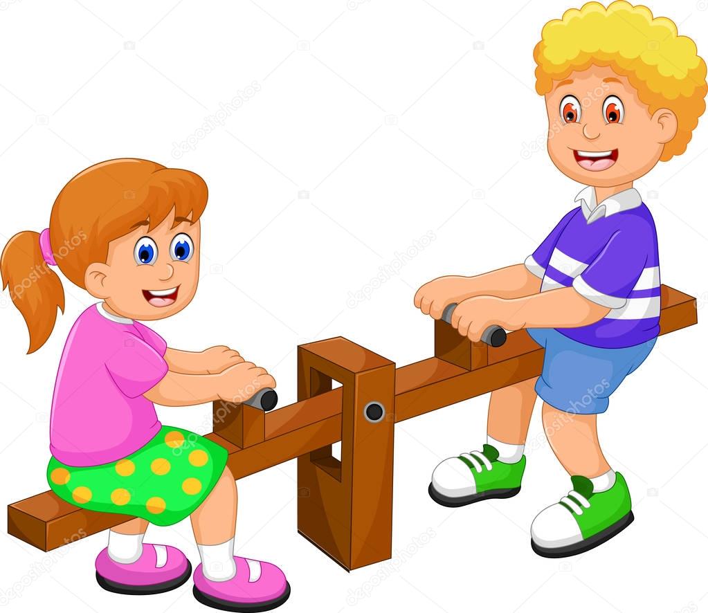 funny two kids cartoon playing see saw