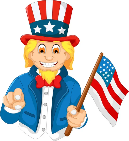 Funny American cartoon holding American flag — Stock Photo, Image