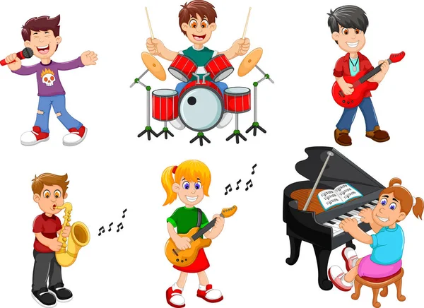 Coleção de crianças cantando e tocando instrumentos musicais — Vetor de Stock