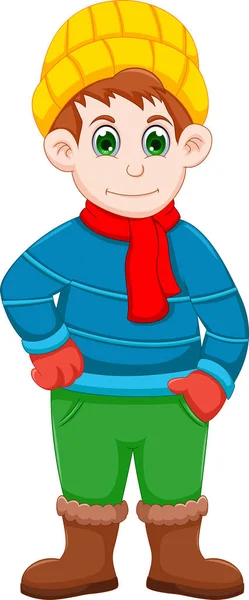 Симпатичный мальчик мультфильм позирует с зимней одеждой — стоковое фото
