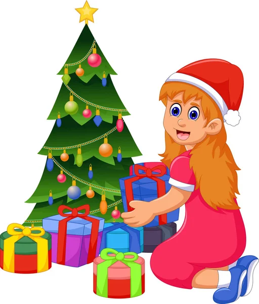 Funny girl cartoon with Christmas gift and Christmas tree — Stock Vector