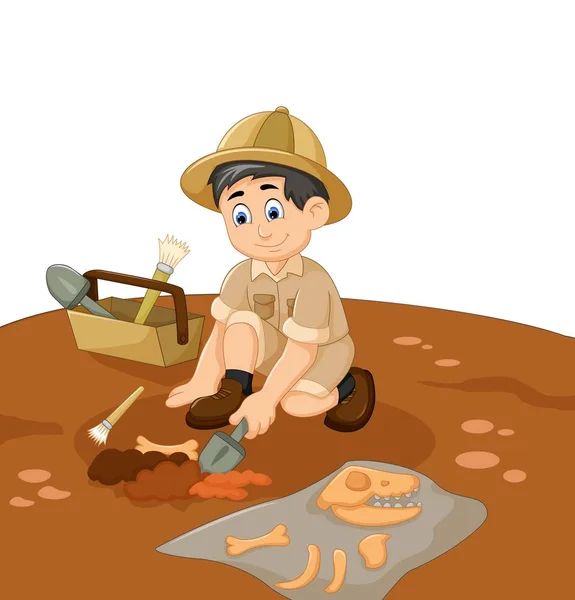 Cute man Archaeologists cartoon searching fossil — Stock Vector