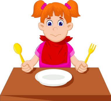 sevimli küçük kız çizgi kahvaltı için bekliyor