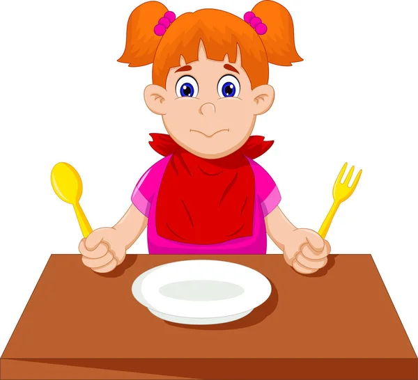 Cute little kreskówka dziewczyna czeka na śniadanie — Wektor stockowy
