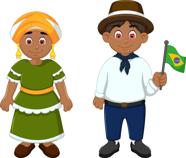 Симпатичная пара бразильцев мультфильм с национальной одеждой — стоковый вектор