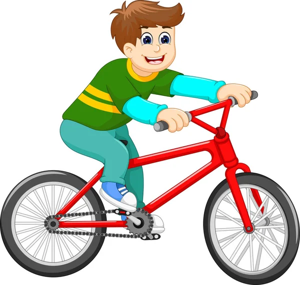 Engraçado menino desenho animado andar de bicicleta — Vetor de Stock