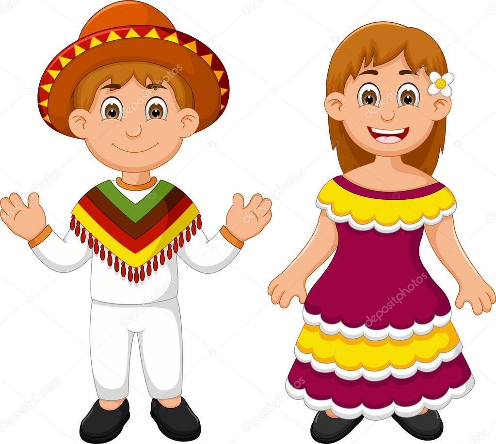 Mexican couple traditional costume cartoon boy girl