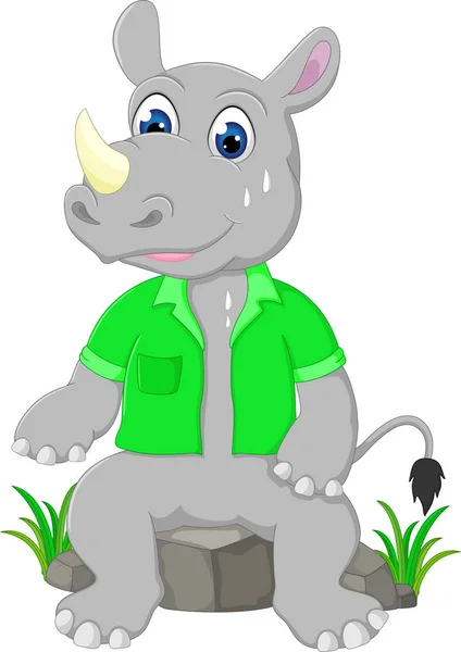 Divertente cartone animato rinoceronte seduto sulla pietra — Vettoriale Stock