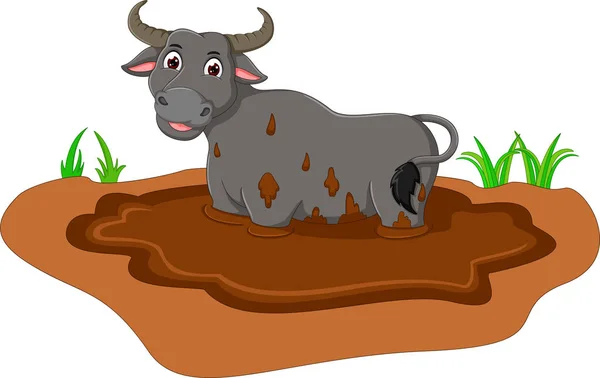 Funny bull cartoon on mud with standing — Stock Vector