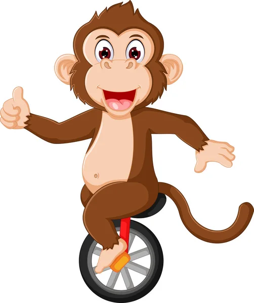 Drôle ciscus singe dessin animé agitant la main vers le haut monocycle avec rire — Image vectorielle