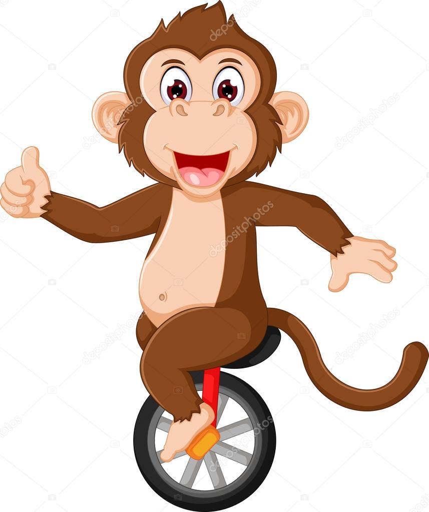 funny ciscus monkey cartoon waving hand up monocycle with laughing