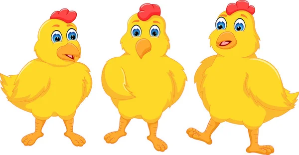 Drei gelbe Hühner mit fröhlichem Zeichentrickfilm — Stockvektor