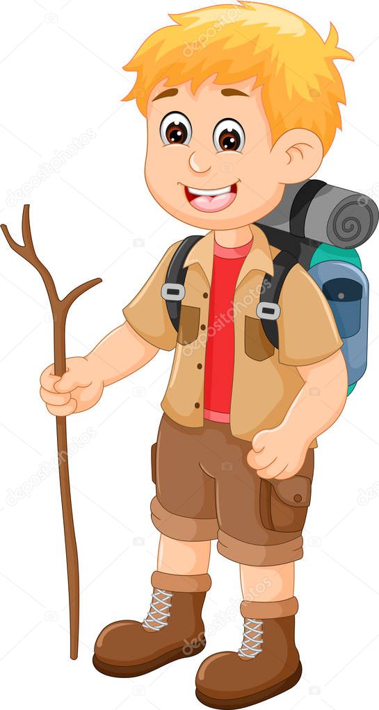 Cute boy on his way to camping cartoon