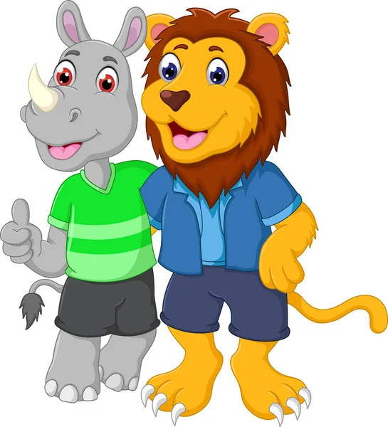 friendship of lion and rhino cartoon standing with embarce