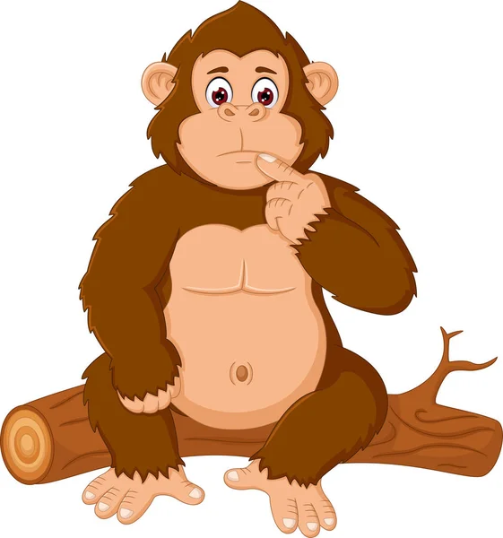 Lustiger Gorilla-Cartoon sitzt verwirrt auf Holz — Stockfoto