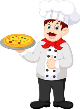 ayakta yakışıklı Şef karikatür gülümsemeyle pizza getirmek ve yukarı başparmak