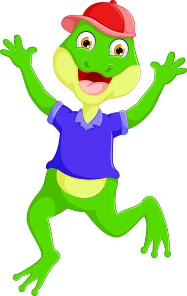 Funny frog cartoon jumping and waving with smile happiness — Stock Photo, Image