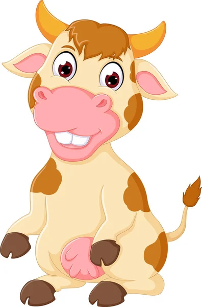 Roztomilý kráva kreslený sedí s úsměv a relaxovat — Stock fotografie