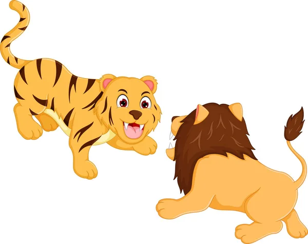 strong tiger and lion cartoon fighting