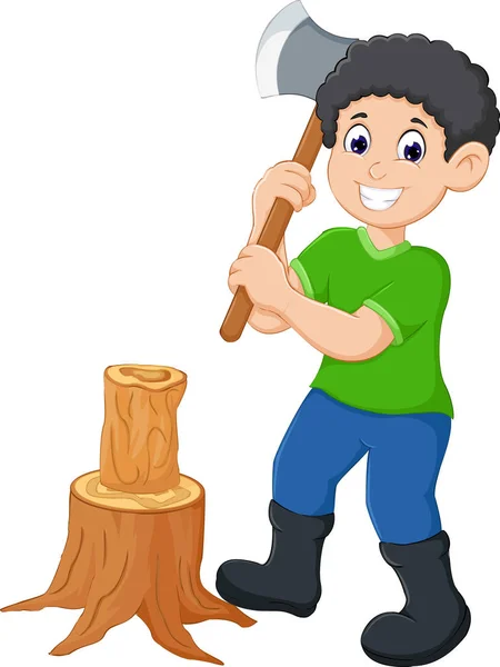 Bonito homem cartoon chop árvore com rindo — Fotografia de Stock