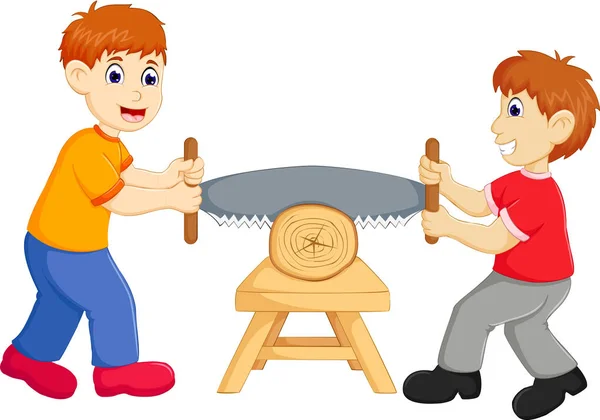 handsome boy cartoon sawing wood with smile