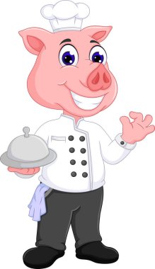 sevimli domuz Şef karikatür ile ayakta lezzetli yiyecek getirmek