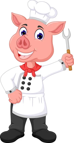 滑稽的猪厨师卡通摆在微笑和带来叉子 — 图库照片