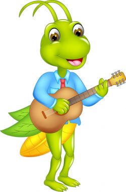 şirin çekirge karikatür ayakta oyun gitar gülümseme ile
